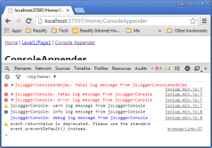 screenshot of browser console with log generated by JSNLog